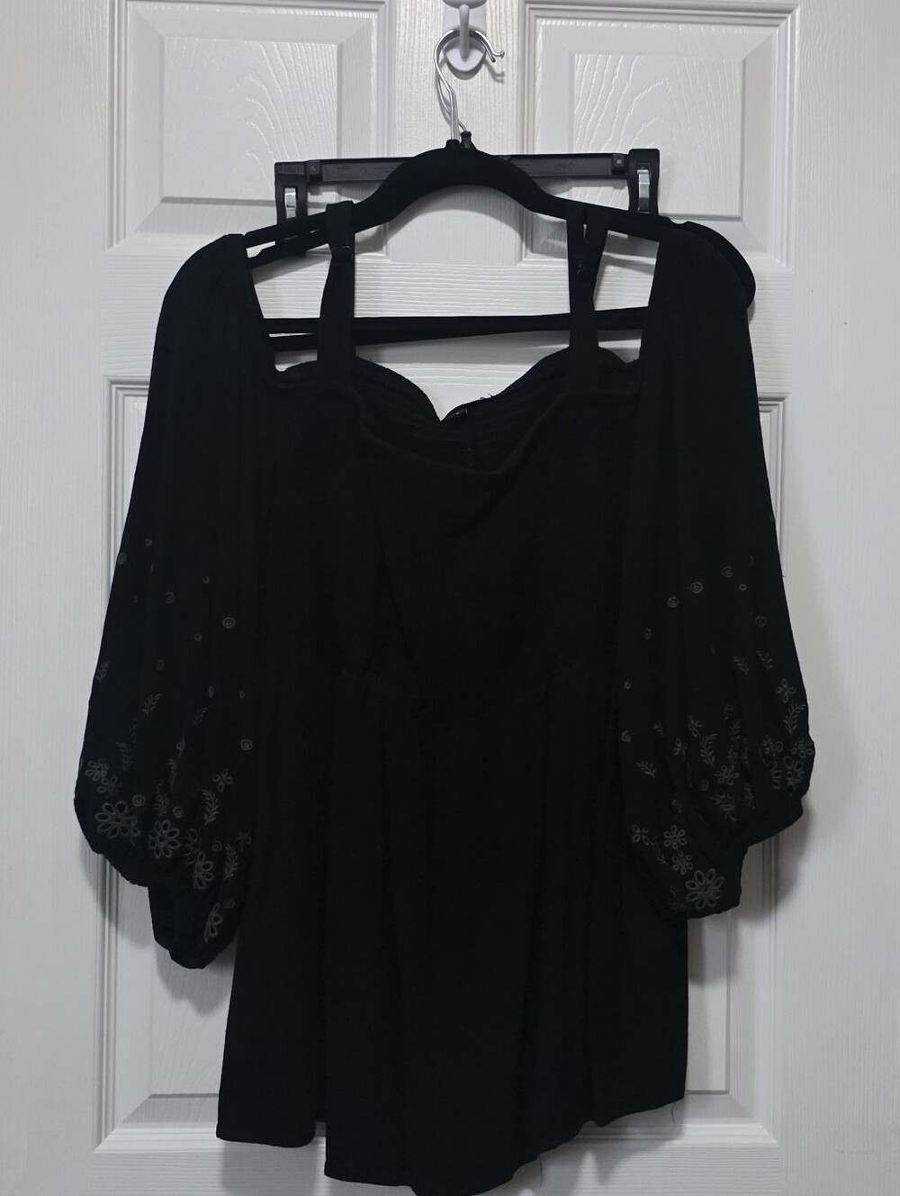 torrid Black Cold-Shoulder Peasant Top with Embroidered Puff Sleeves